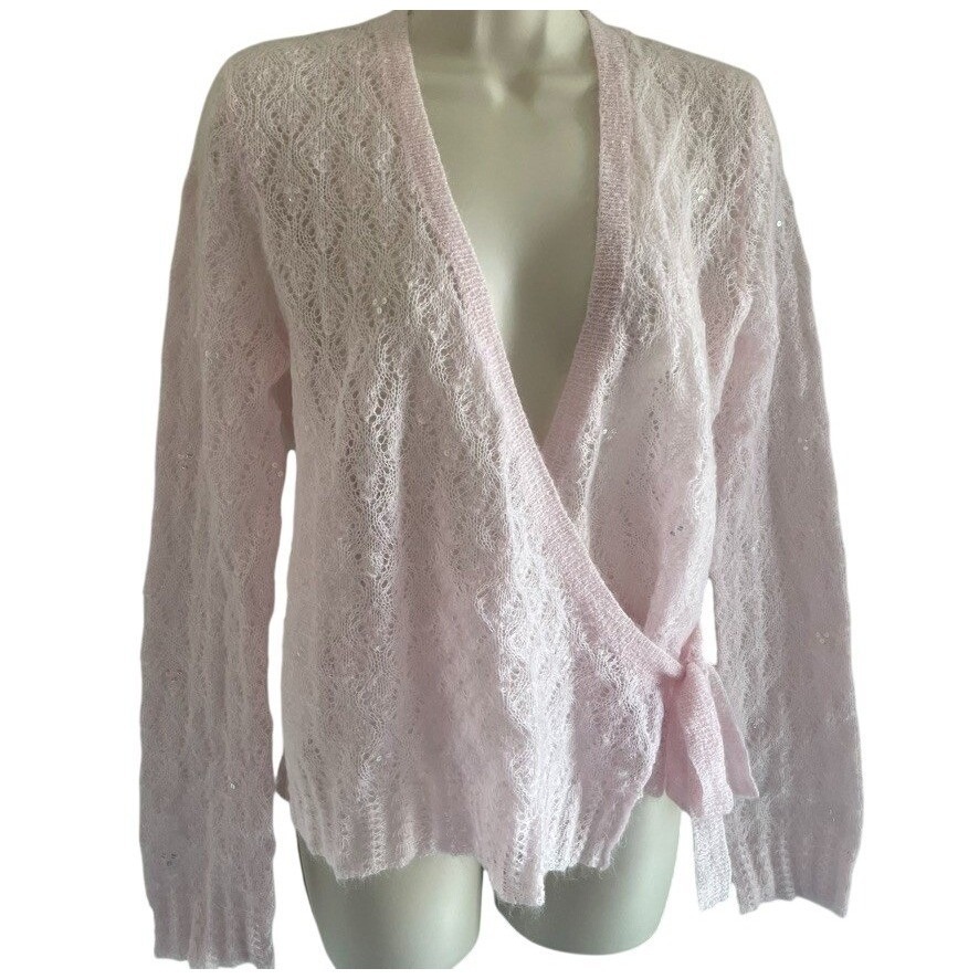 Ann Taylor Mohair Blend Wrap Cardigan Pink Sequin Tie Front Petite Mp Nwt
